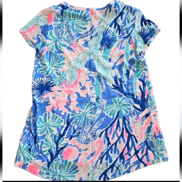 Lilly Pulitzer Etta V Neck Top Jet Stream Blue Pink Size XXSMALL Cotton Beach - Picture 2 of 6